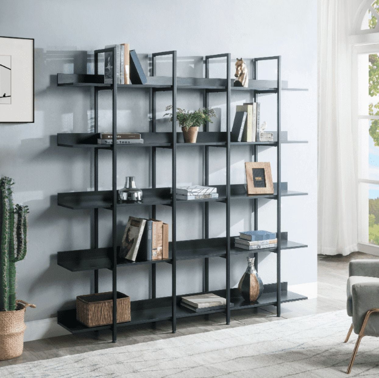 Euroco 5 Tier Bookcase Home Office Open Bookshelf, Vintage Industrial Style Shelf, MDF Board, Black Metal Frame
