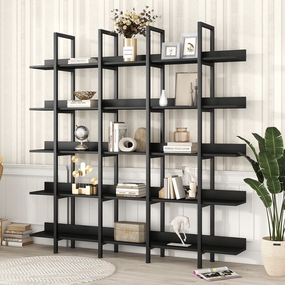 Euroco 5 Tier Bookcase with Open Shelves, Industrial Bookshelf with Metal Frame, 71" Bookshelf for Home Office, Black