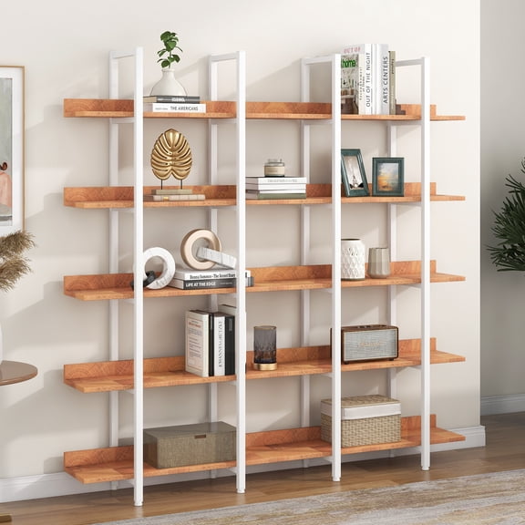 Euroco 5 Tier Bookcase with Open Shelves, Industrial Bookshelf with Metal Frame, 71" Bookshelf for Home Office, Brown & White