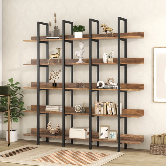 Euroco 5 Tier Bookcase with Open Shelves, Industrial Bookshelf with Metal Frame, 71" Bookshelf for Home Office, Rustic Brown