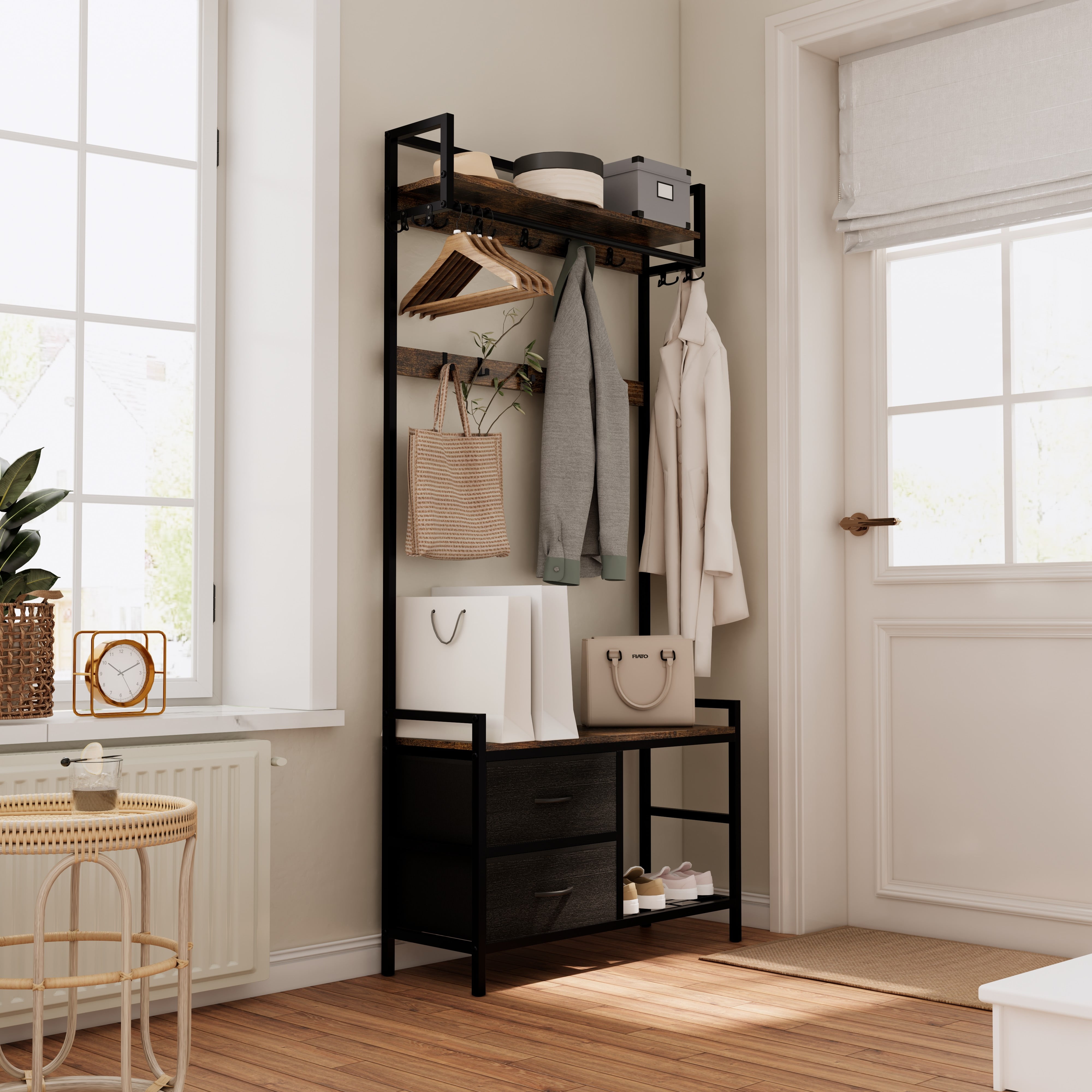 Euroco 5-in-1 Hall Tree with Coat Hooks, Shoe Storage Bench, Fabric Drawers & Hanging Rod, Rustic Entryway Organizer with Top Shelf and Metal Frame