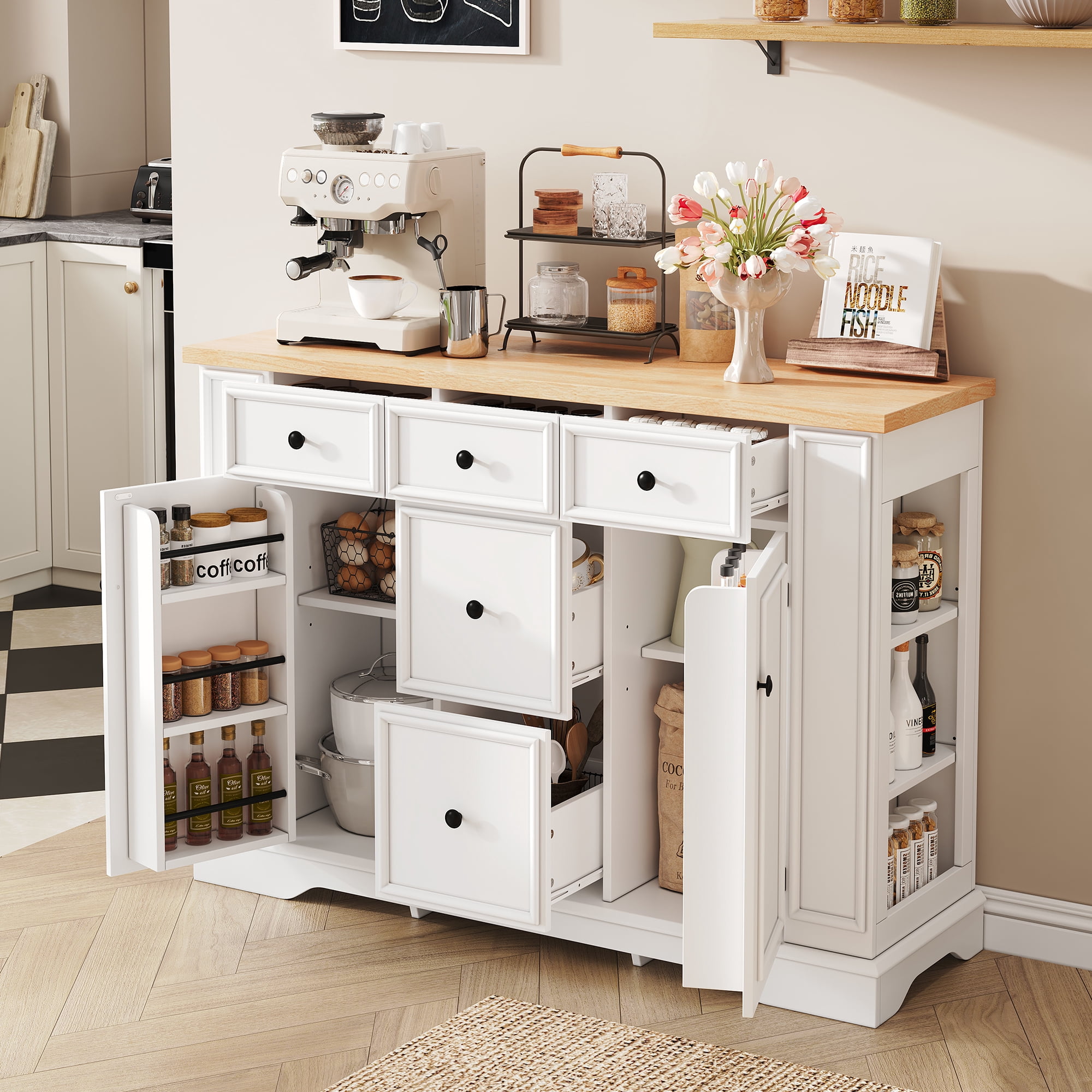 Euroco 51.2" Sideboard Buffet Cabinet with Storage, Modern Kitchen Console Table with 5 Drawers, 2 Cabinets & Adjustable Shelves, Wooden Coffee Bar for Dining Room, Living Room, Entryway,White