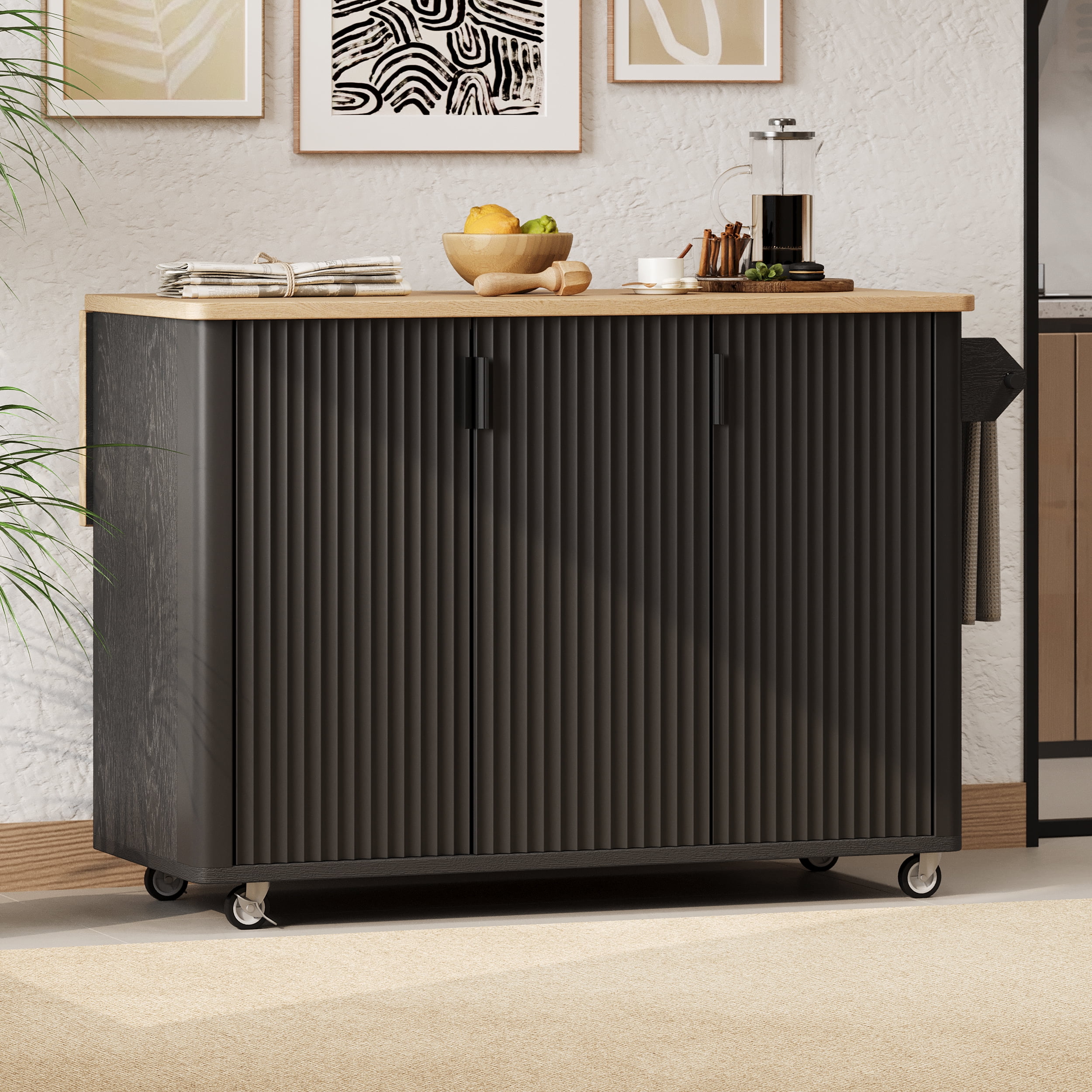 Euroco 51" Fluted Kitchen Island with Drop Leaf, Farmhouse Accent Kitchen Island on Wheels with Internal Storage Rack, Rolling Kitchen Cart with Towel Rack