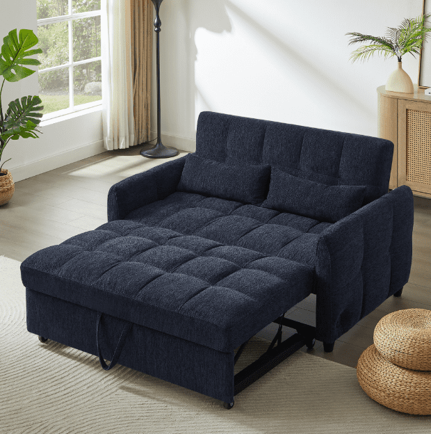 Euroco 52.8" Loveseat Sofa Pull-out Sofa Bed Tufted Sleeper Sofa with an Adjustable Backrest, Three USB Ports and Two Lumbar Pillows for Living Room, Blue
