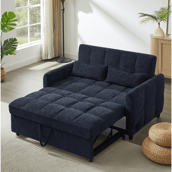 Euroco 52.8" Loveseat Sofa Pull-out Sofa Bed Tufted Sleeper Sofa with an Adjustable Backrest, Three USB Ports and Two Lumbar Pillows for Living Room, Blue