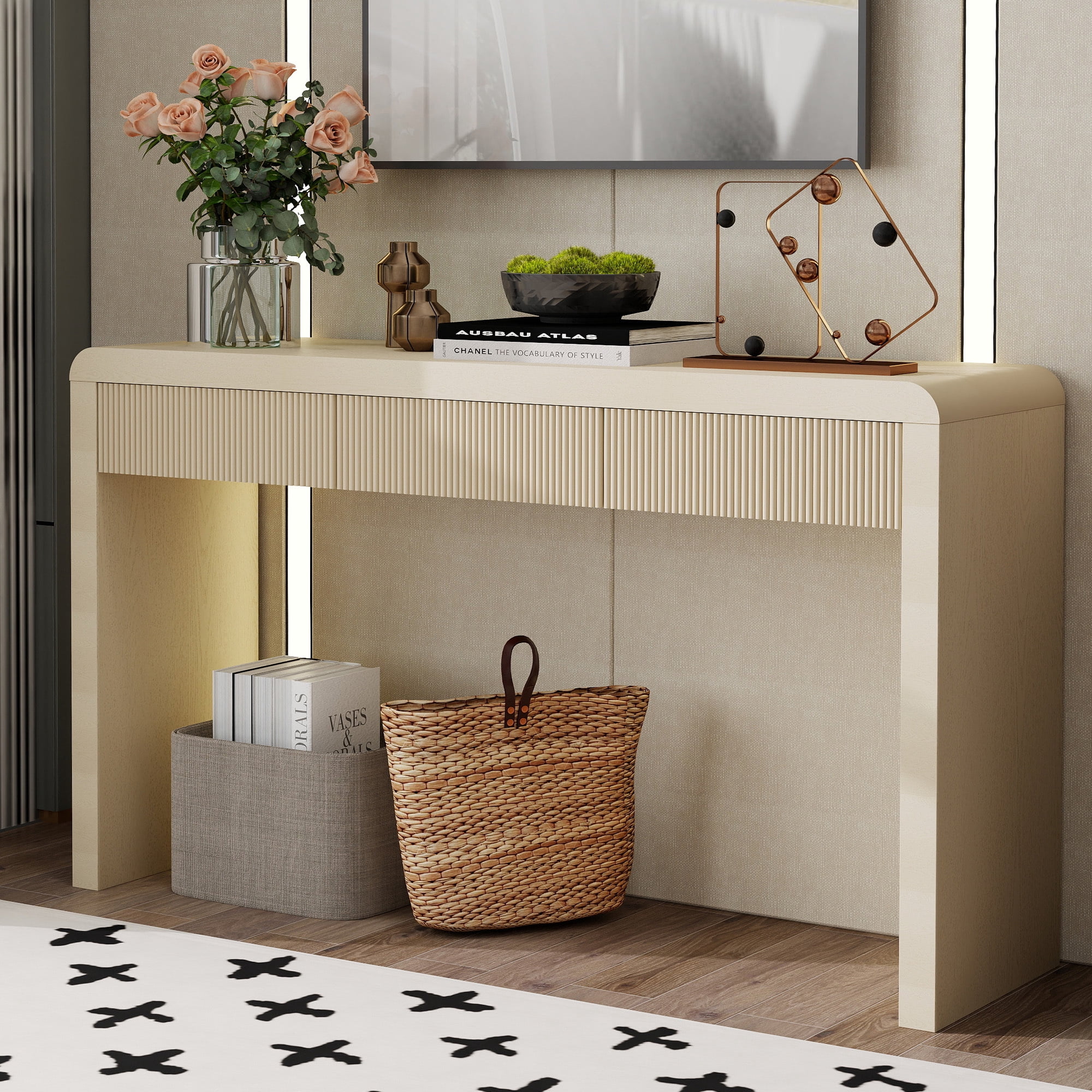 Euroco 52.9" Fluted Console Table with 3 Drawers,Solid Wood Narrow Long Entryway Table for Living Room Foyer Hallway,Apricot