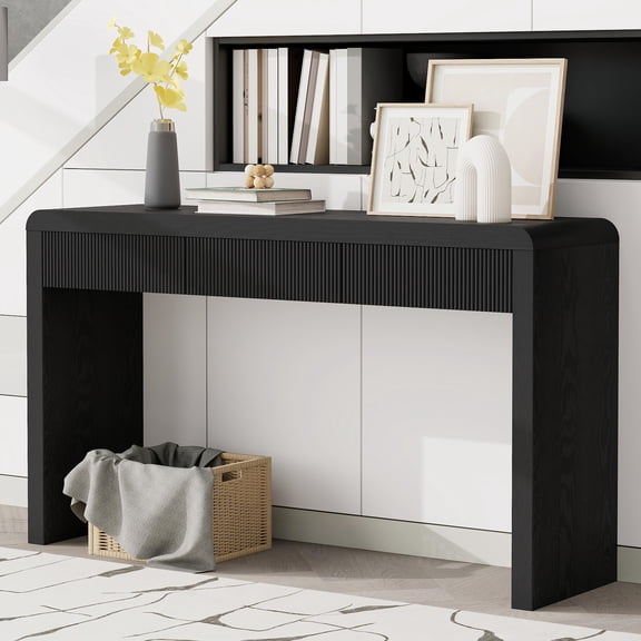 Euroco 52.9" Fluted Console Table with 3 Drawers,Solid Wood Narrow Long Entryway Table for Living Room Foyer Hallway,Black