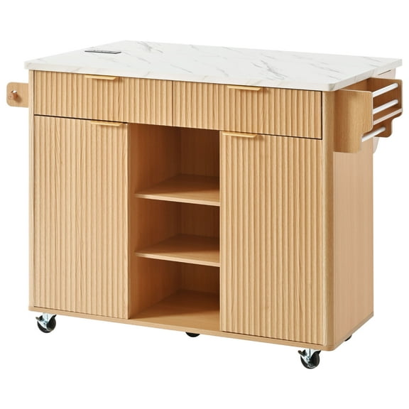 Euroco 52" Fluted Kitchen Island with Drop Leaf, Power Outlet, Kitchen Storage Cart with Adjustable Shelves, 2 Doors and 2 Drawers, Rolling Island Table with Faux Marble Top