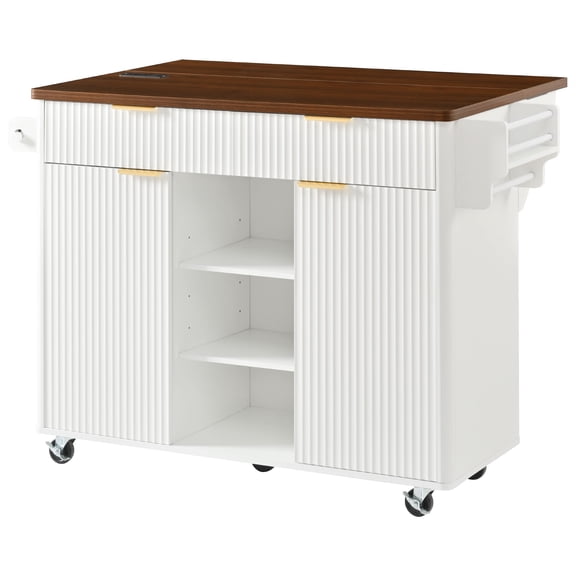 Euroco 52" Fluted Kitchen Island with Drop Leaf, Power Outlet, Kitchen Storage Cart with Adjustable Shelves, 2 Doors and 2 Drawers, Rolling Island Table with Walnut Color Top