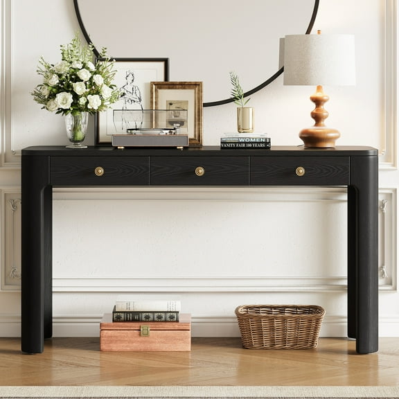 Euroco 52 Inch Curved Console Table with 3 Concealed Drawers, Wood Entryway Table, Sturdy Sofa Table with Thick Legs for Hallway/Foyer/ Living Room,Black