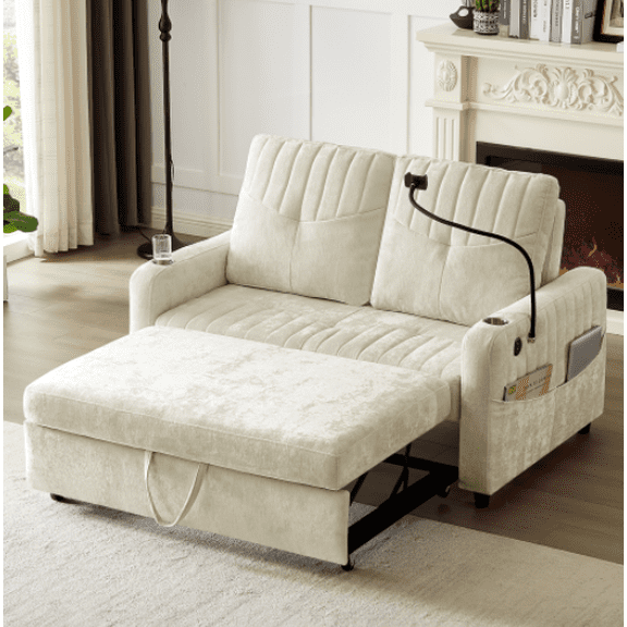 Euroco 53.9" Modern Loveseat Pull-out Sofa Bed with Adjustable Backrest, Two Cup Holders , a Phone Holder, Three Charging Ports and Side Storage Pockets for Living Room