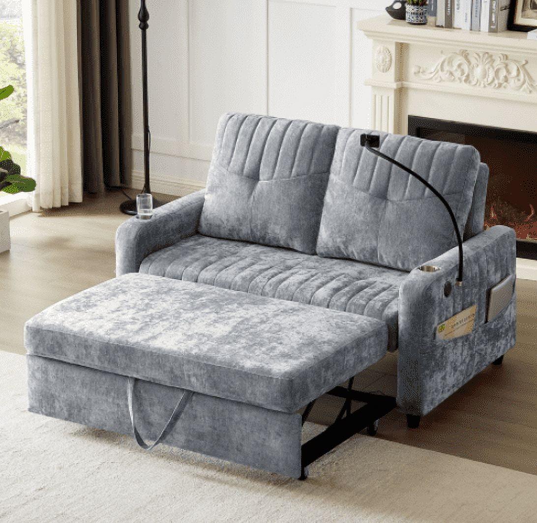 Euroco 53.9" Modern Loveseat Pull-out Sofa Bed with Adjustable Backrest, Two Cup Holders , a Phone Holder, Three Charging Ports and Side Storage Pockets for Living Room