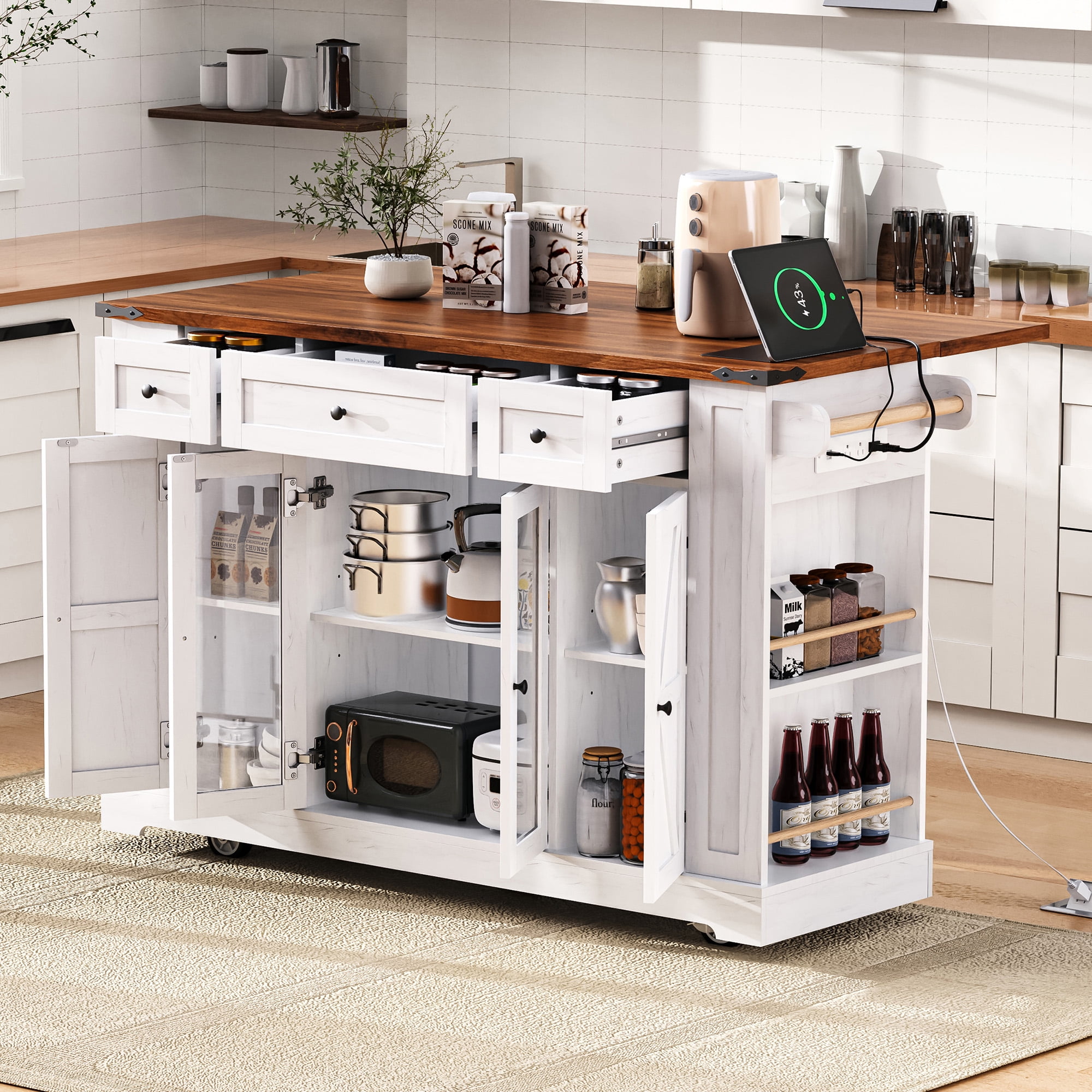 Euroco 53'' Farmhouse Kitchen Island with Two Tempered Glass Cabinet Doors，Rolling Kitchen Cart on Wheels