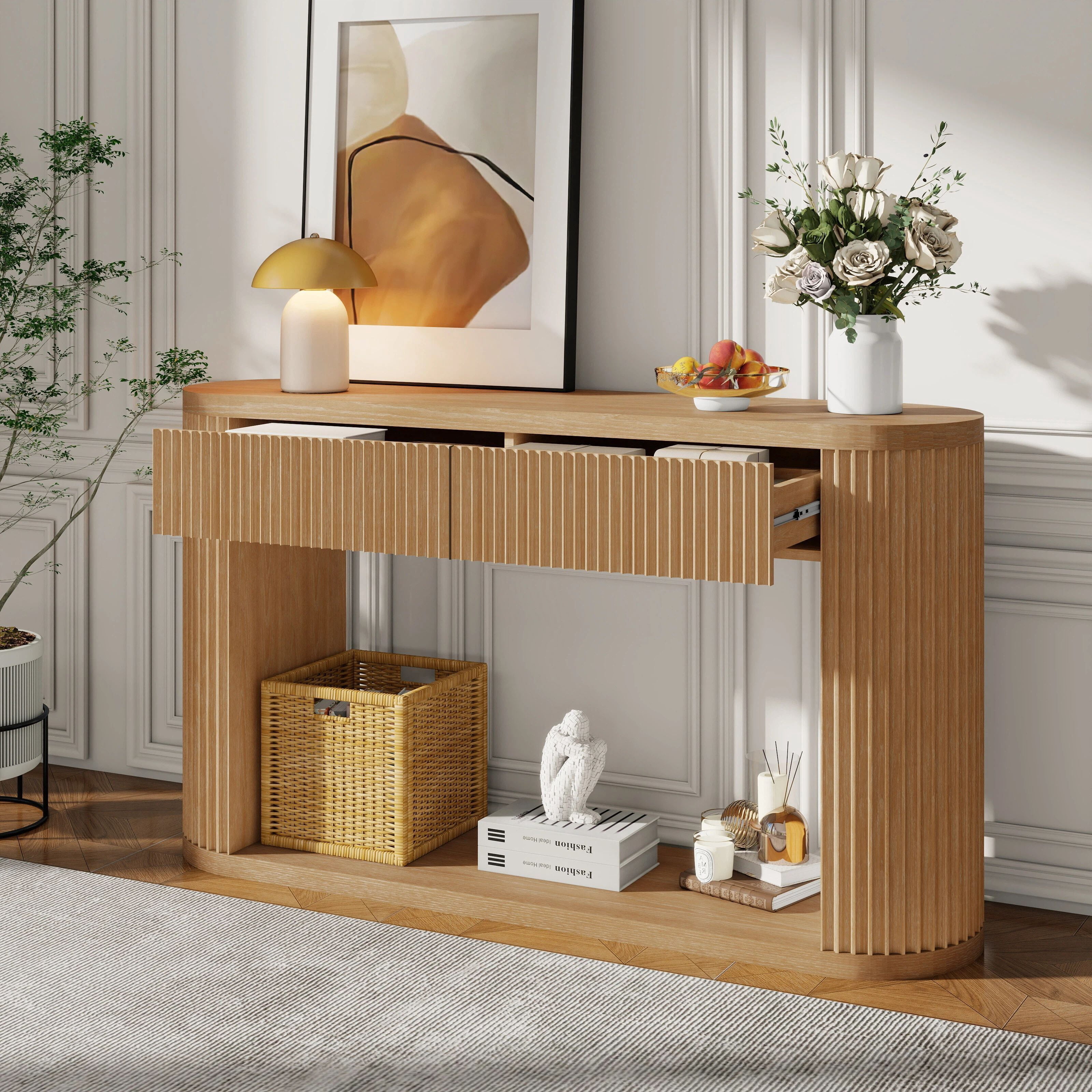 Euroco 53" Fluted Console Table with 2 Drawers, Modern Entryway Table with Storage & Bottom Shelf,Wood Long Sofa Table Behind Couch for Living Room, Hallway, Foyer,Natural