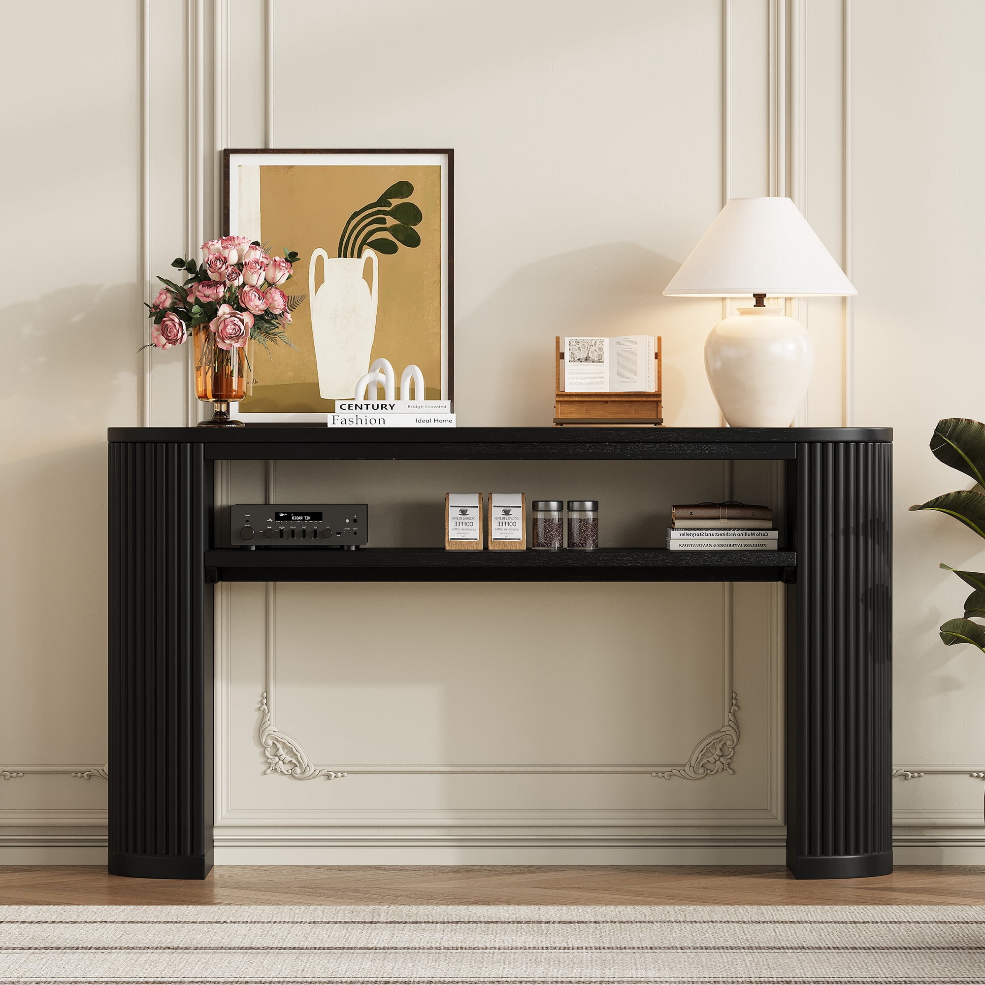 Euroco 53" Fluted Console Table, Modern Entryway Table with Open Storage Shelf & Wood Legs, Long Sofa Table Behind Couch for Living Room, Hallway,Black