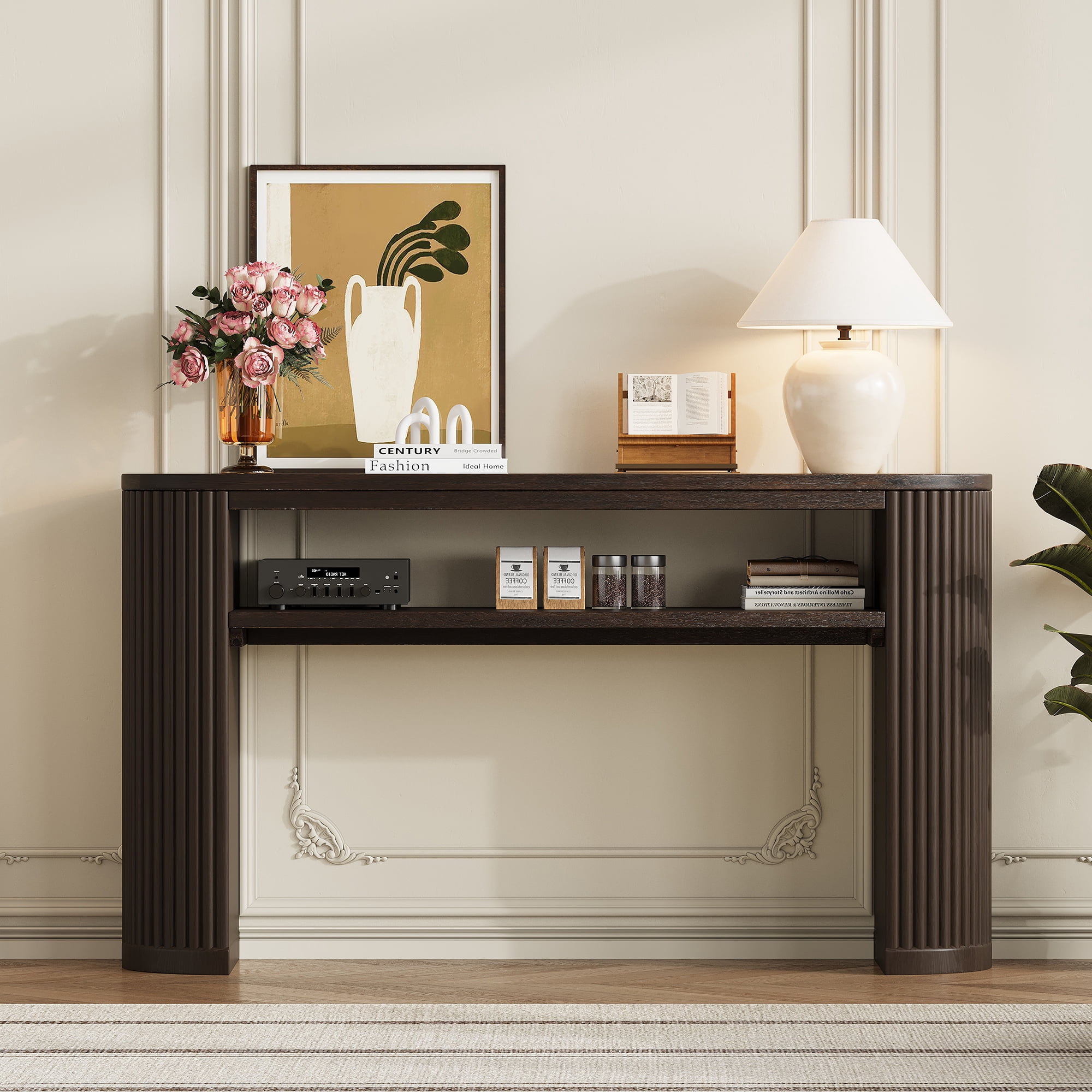 Euroco 53" Fluted Console Table, Modern Entryway Table with Open Storage Shelf & Wood Legs, Long Sofa Table Behind Couch for Living Room, Hallway,Espresso