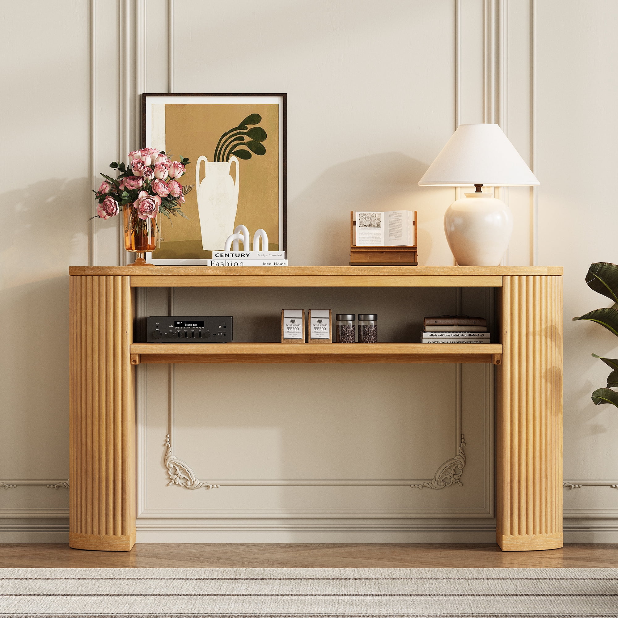 Euroco 53" Fluted Console Table, Modern Entryway Table with Open Storage Shelf & Wood Legs, Long Sofa Table Behind Couch for Living Room, Hallway,Natural