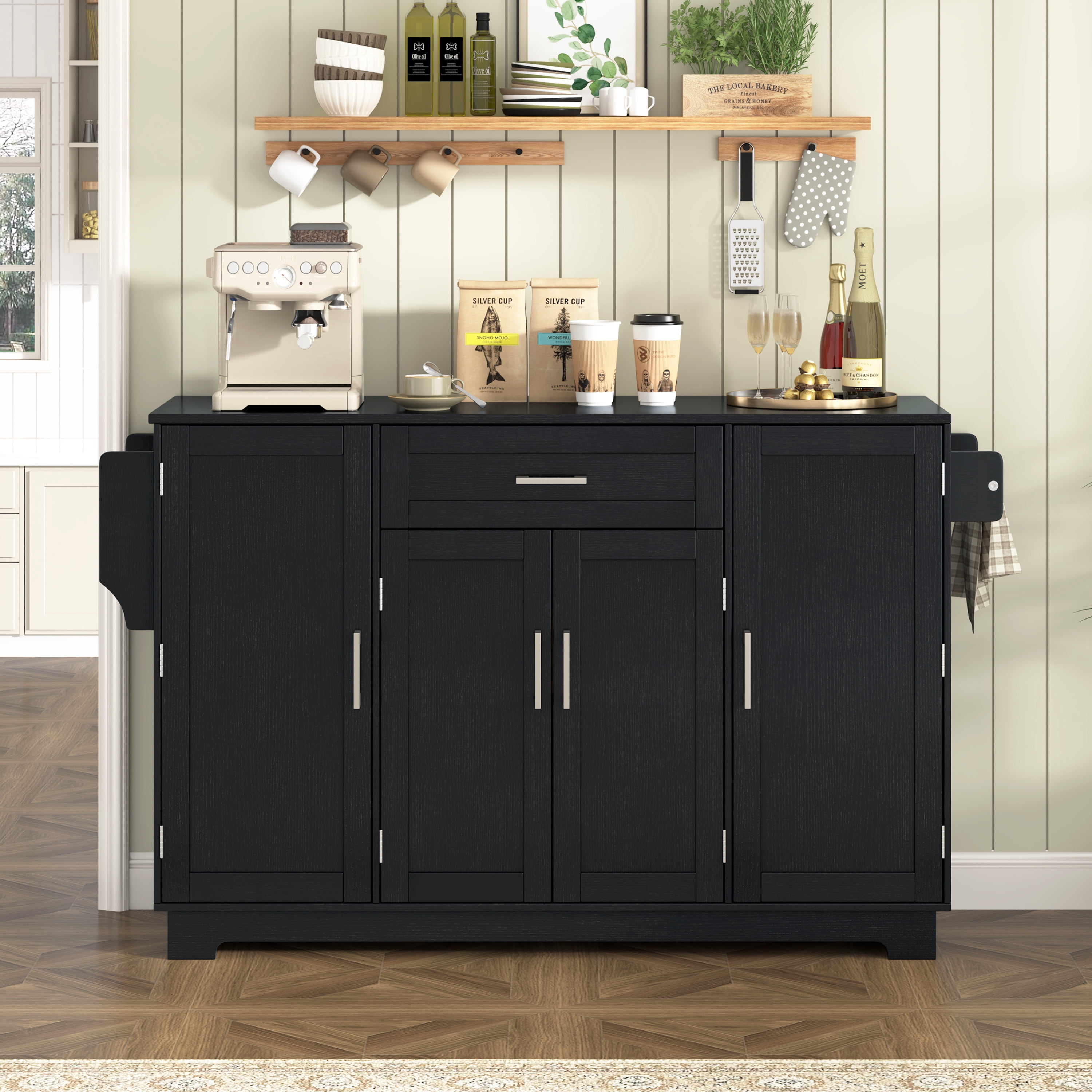 Euroco 54.3" Sideboard Buffet Cabinet with Storage, Wooden Kitchen Storage Cabinet with Adjustable Shelf,Drawer,Side Shelves & Hanging Rod, Accent Coffee Bar Cabinet for Living Room Dining Room