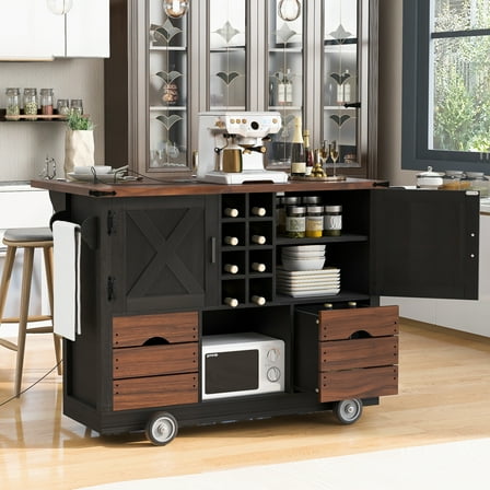 Euroco 54" Farmhouse Kitchen Island with Drop Leaf, Power Outlet, Kitchen Storage Cart with 2 Doors, 2 Drawers, Rolling Kitchen Island on 4 Large Wheels with Spice Rack