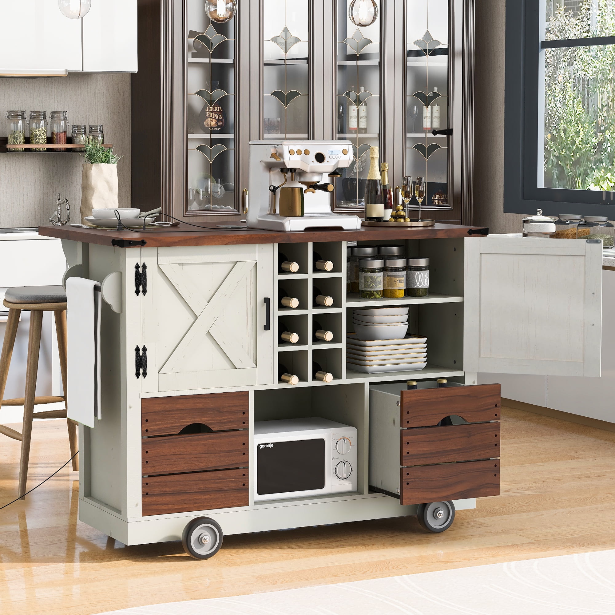 Euroco 54" Farmhouse Kitchen Island with Drop Leaf, Power Outlet, Kitchen Storage Cart with 2 Doors, 2 Drawers, Rolling Kitchen Island on 4 Large Wheels with Spice Rack