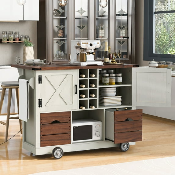 Euroco 54" Farmhouse Kitchen Island with Drop Leaf, Power Outlet, Kitchen Storage Cart with 2 Doors, 2 Drawers, Rolling Kitchen Island on 4 Large Wheels with Spice Rack