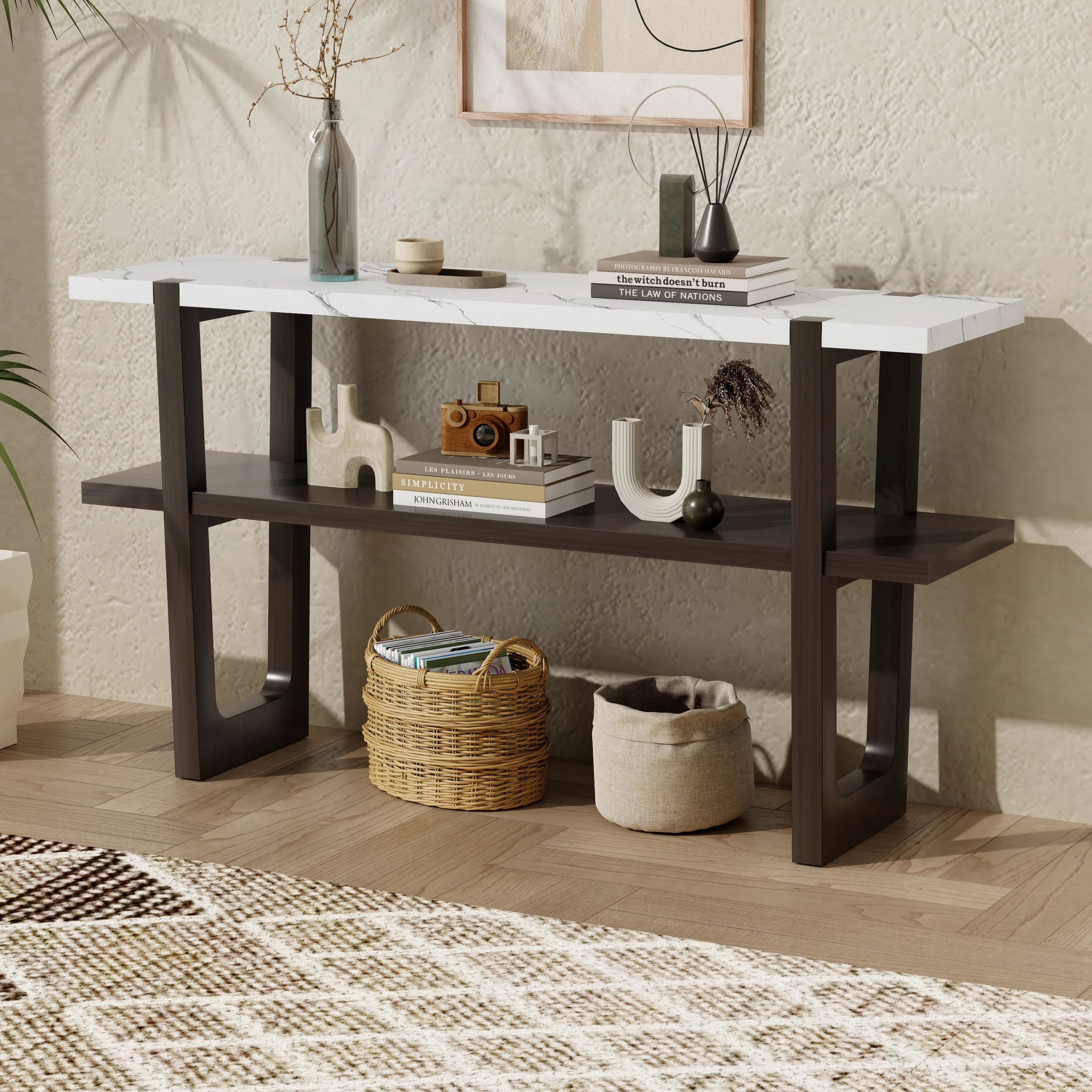 Euroco 54" Long Console Table, Wooden Rectangular Sofa Table Behind the Couch with Open Storage Shelf,Retro Entryway Table for Hallway, Living Room,Espresso