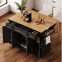Euroco 54inch Large Kitchen Island with Rubber Wood Drop Leaf, Embossed Texture Rolling Kitchen Cart on 4 Wheels with 4 Doors and 3 Drawers, Kitchen Island with Storage