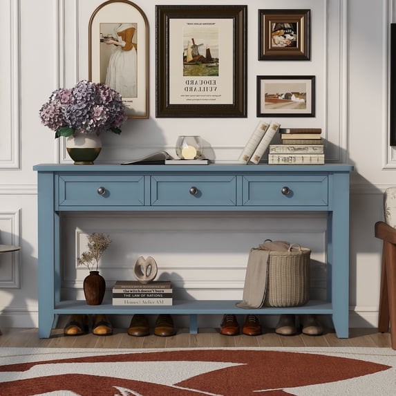 Euroco 55.4" Modern Console Table with 3 Drawers,2-Tier Sofa Table Behind Couch Entryway Table with Bottom Storage Shelf for Living Room,Foyer,Blue