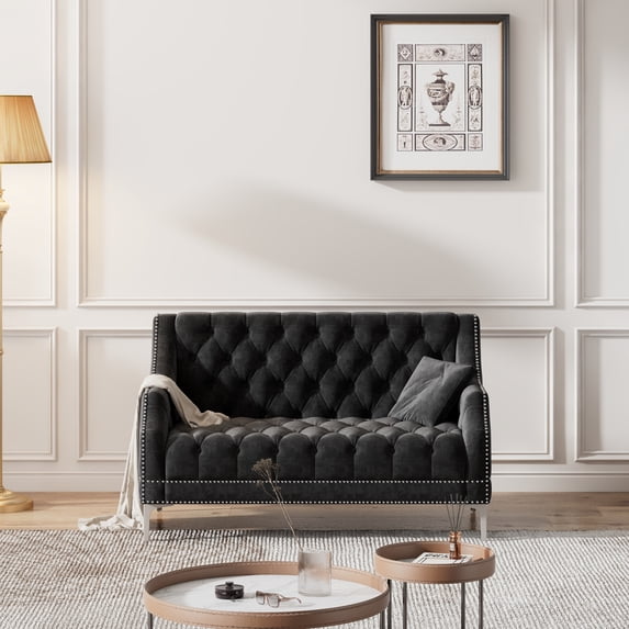 Euroco 55.5" Classic Sofa with Button Tufted Back, Plush Upholstered Sofa with Metal Legs, Black