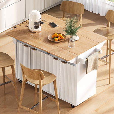 Euroco 55.5" Fluted Kitchen Island with 2 Drop Leaf, Kitchen Storage Cart with Power Outlet, 4 Doors, Spice rack, Rolling Island Table with Wood-grain Top, Curved Edge