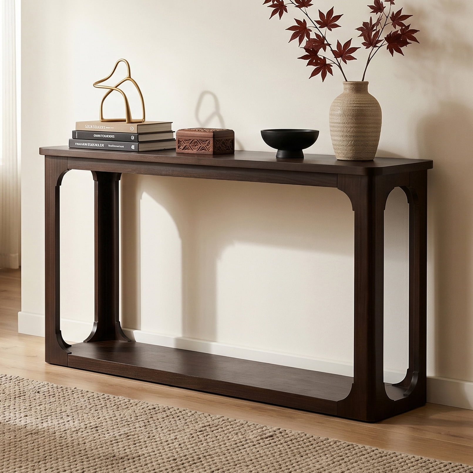 Euroco 55" Console Table, Solid Wood Entryway Sofa Table with Open Arch Cutouts & Bottom Shelf for Living Room Hallway,Espresso
