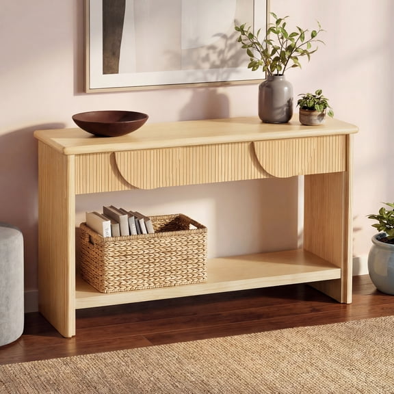 Euroco 55" Fluted Console Table, 2 Tier Entryway Table Sofa Table Behind Couch with 2 Drawers,Bottom Storage Shelf for Living Room,Hallway,Office, Natural
