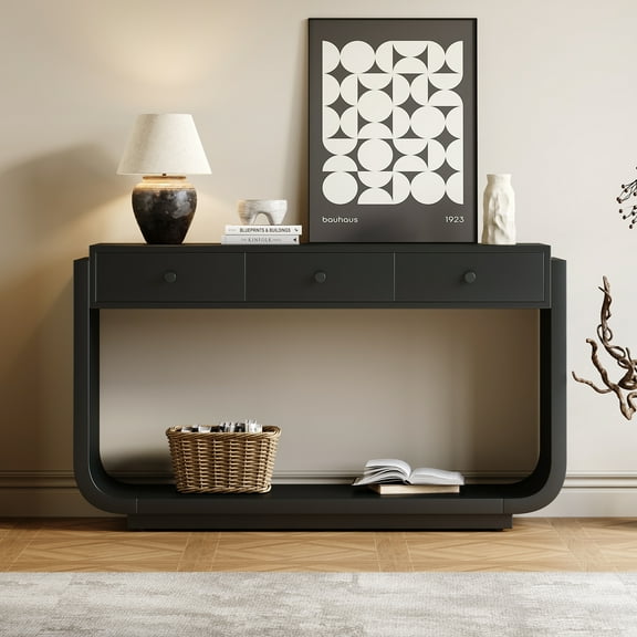 Euroco 55-Inch Antique Console Table, Rectangular Sofa Table Behind the Couch with 3 Drawers & Bottom Open Storage Shelf,Narrow Entryway Table for Hallway, Living Room, Black