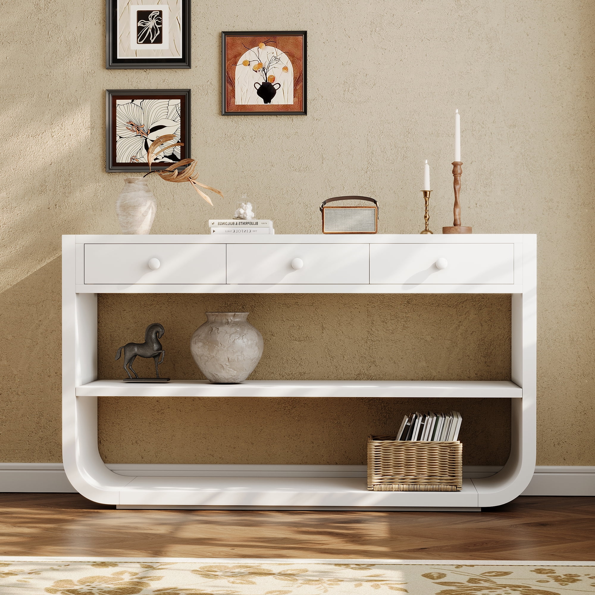 Euroco 55 Inch Curved Console Table with 3 Soft-Close Drawers, 3-Tier Entryway Table with 2 Storage Open Shelves,Wood Narrow Long Sofa Table for Living Room, Hallway, Foyer,White