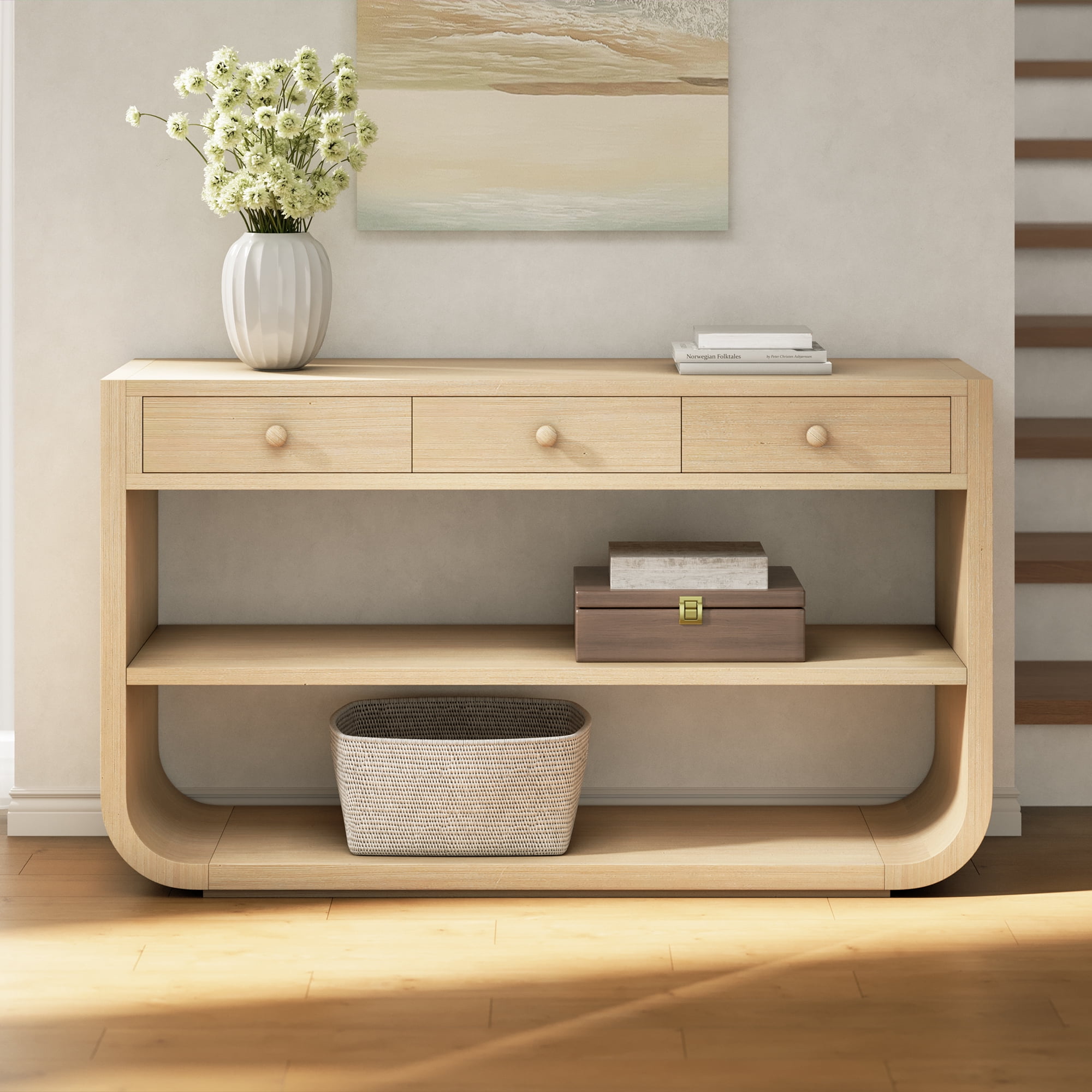 Euroco 55 Inch Curved Console Table with 3 Soft-Close Drawers, 3-Tier Entryway Table with 2 Storage Open Shelves,Wood Narrow Long Sofa Table for Living Room, Hallway, Foyer,Natural