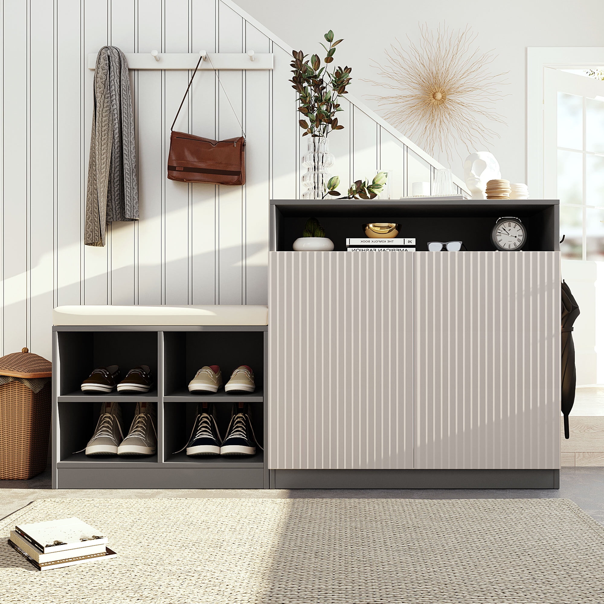 Euroco 55" Large Shoe Storage Cabinets with Shoe Bench,Modern Entryway Bench with 3-Tier Adjustable Shelves,Removeble Cushion and Hooks,Shoe Rack Shoe Organizer for Bedroom, Living Room,Grey