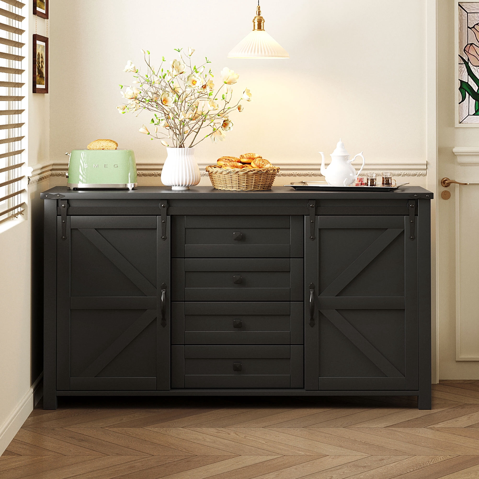 Euroco 55" Large Sideboard Buffet Cabinet, Farmhouse Storage Cabinet with Sliding Barn Doors,Power Outlet and 4 Drawers,Wood Coffee Bar Table for Kitchen,Living Room,Black