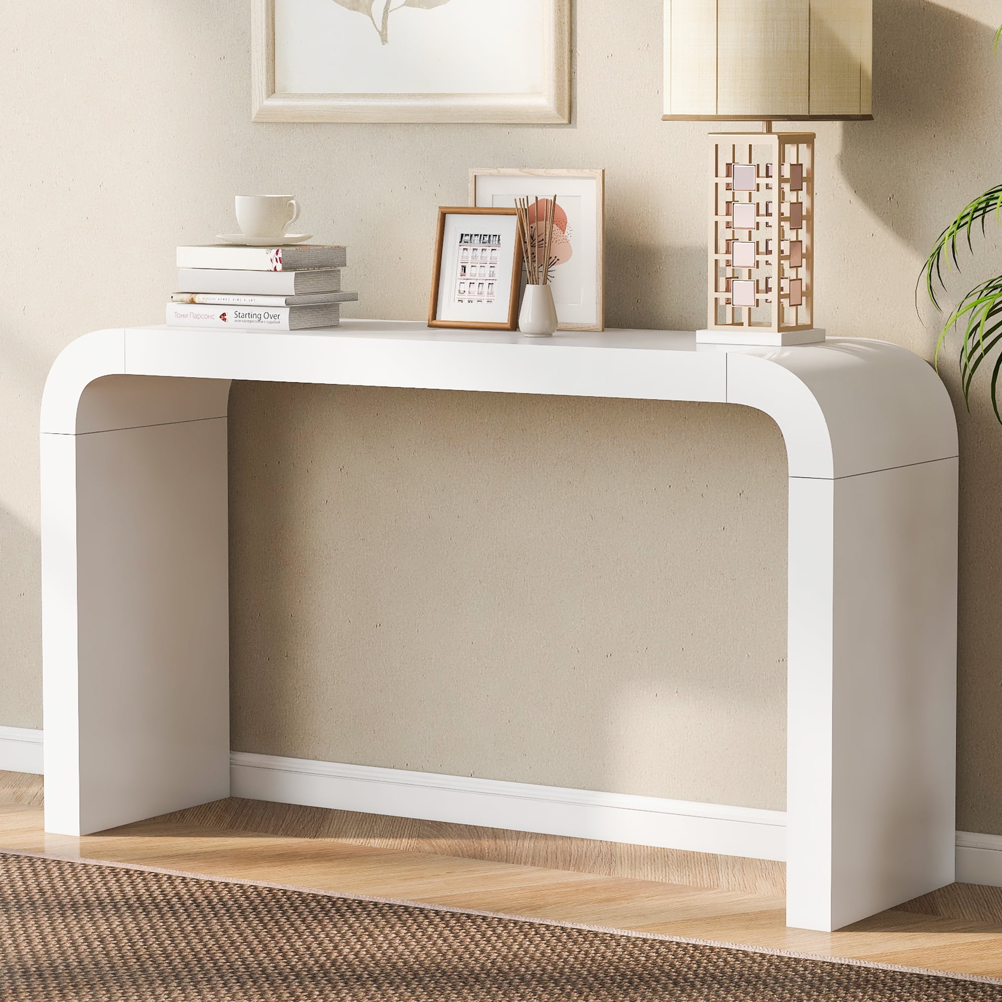 Euroco 55" Long Console Table Sofa Table,Minimalist Acacia Vneer Entryway Table with 2 Legs Suitable for Narrow Spaces and Living Room,White