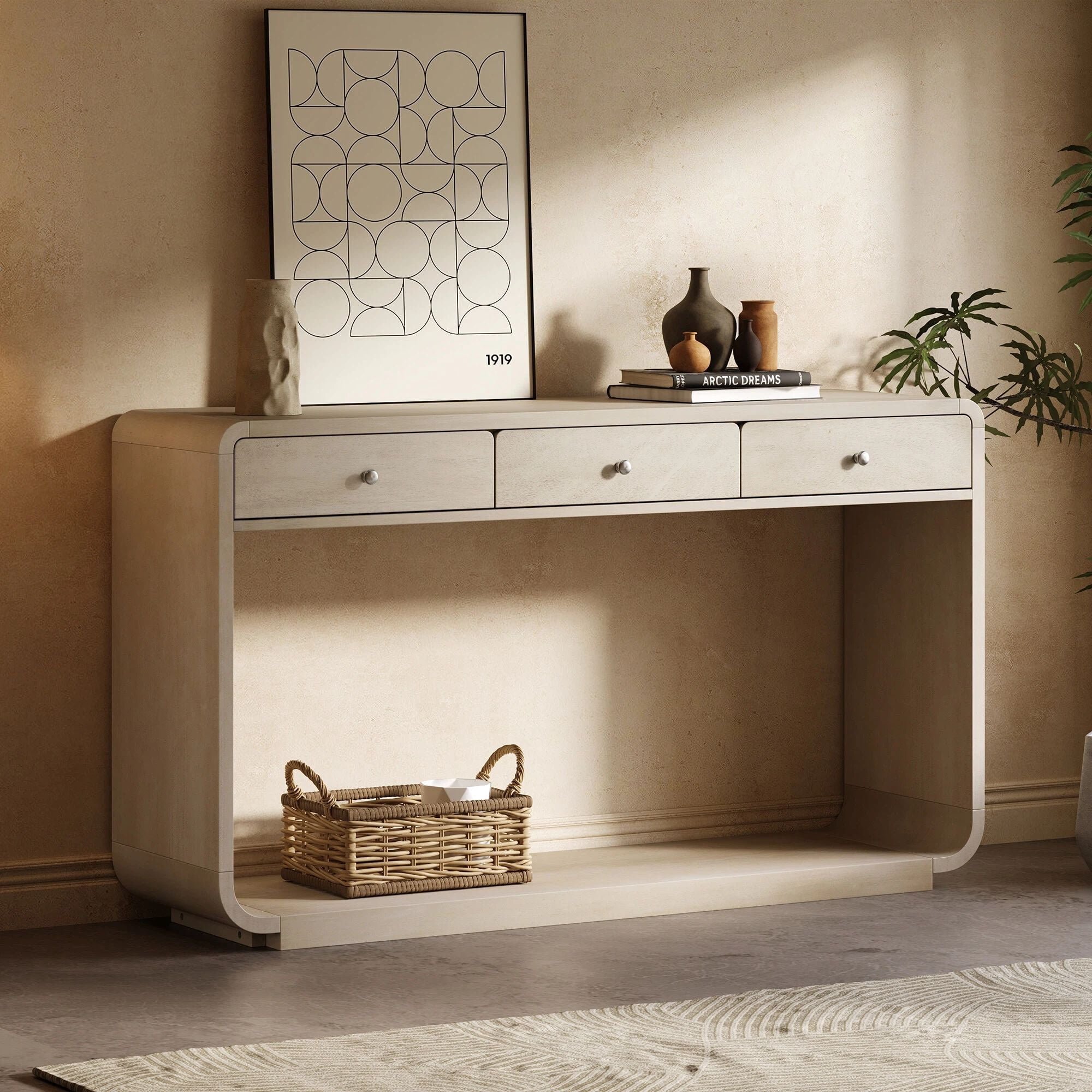 Euroco 55" Modern Console Table, Wood Entryway Table Hallway Table Sofa Table Behind Couch with 3 Drawers,Storage Shelf & Curved Legs for Living Room,Natural