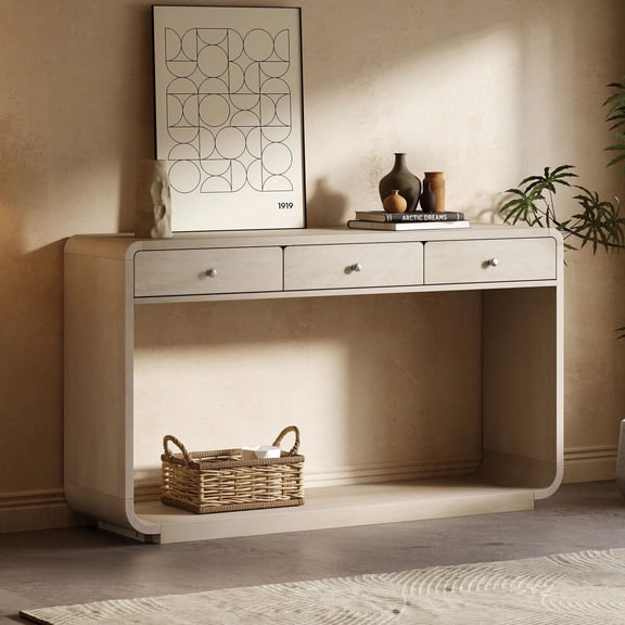 Euroco 55" Modern Console Table, Wood Entryway Table Hallway Table Sofa Table Behind Couch with 3 Drawers,Storage Shelf & Curved Legs for Living Room,Natural