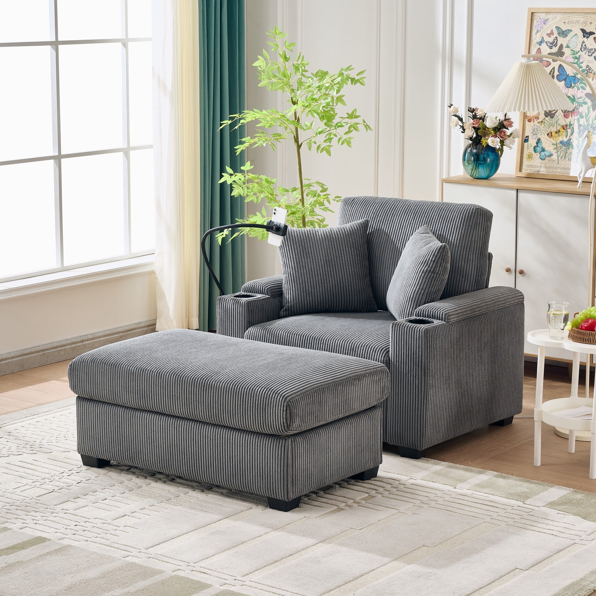 Euroco 55" Oversized Chaise Lounge Chair Indoor with Ottoman and Storage, Comfy Corduroy Sleeper Chair with Cup Holder,Mobile Phone Stand&USB Charging Port