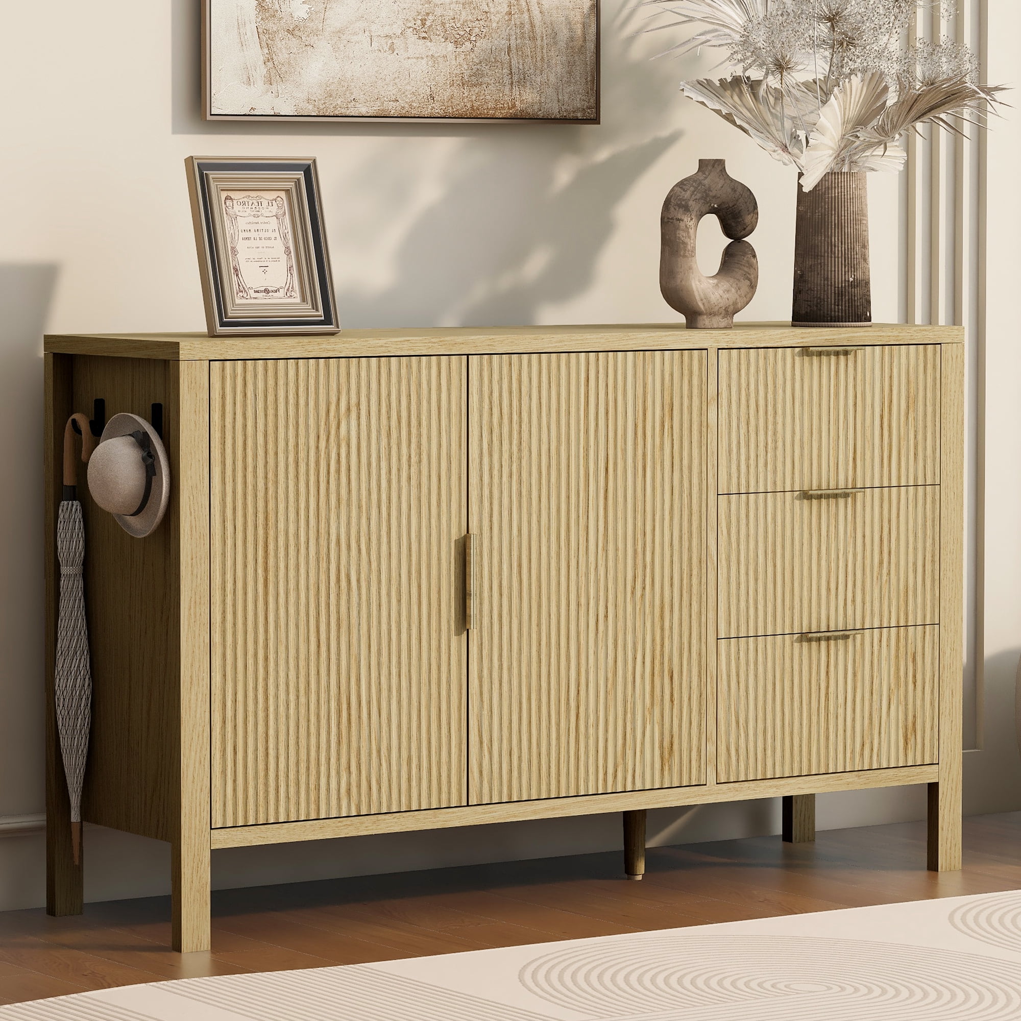 Euroco 55" Sideboard Buffet Cabinet with 3 Drawers, Modern Wave-Pattern Coffee Bar with Hooks and Extra Center Leg,Suitable for Living Room, Dining Room,Entryway,Natural
