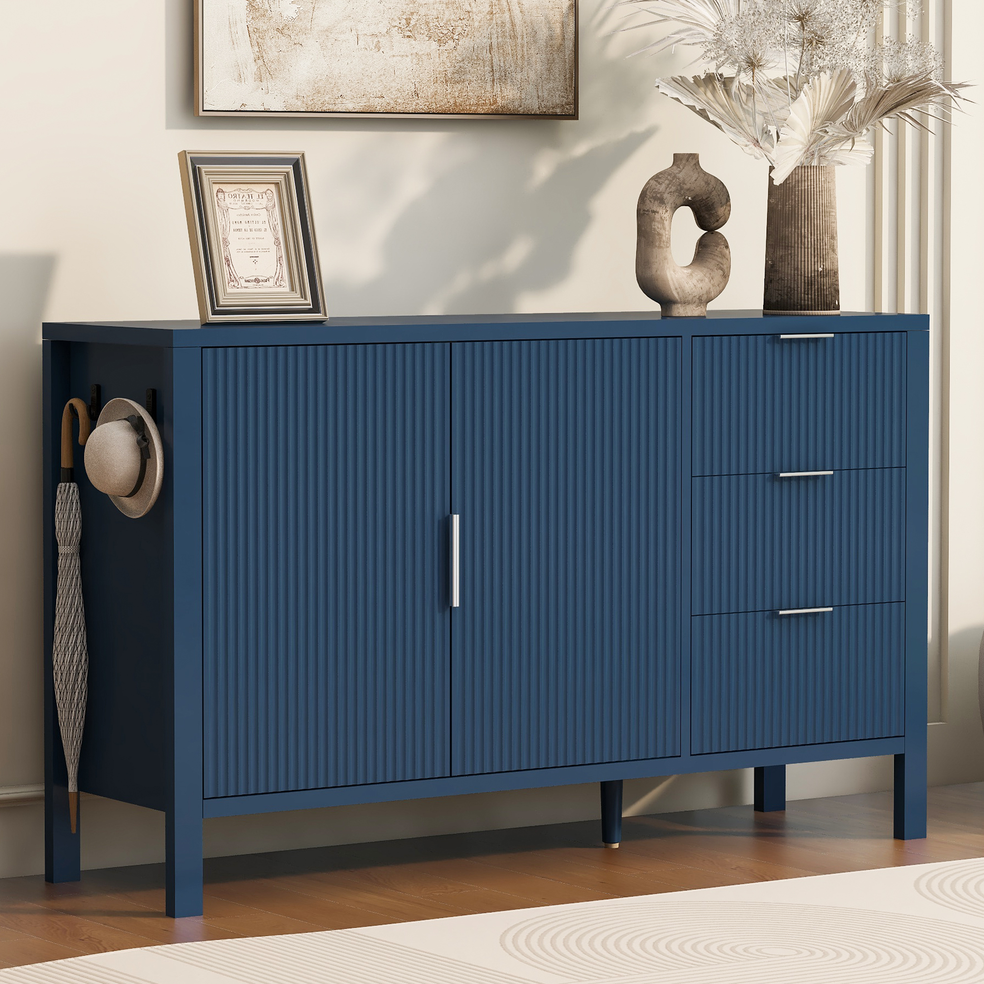 Euroco 55" Sideboard Buffet Cabinet with 3 Drawers, Modern Wave-Pattern Coffee Bar with Hooks and Extra Center Leg,Suitable for Living Room, Dining Room,Entryway,Navy Blue