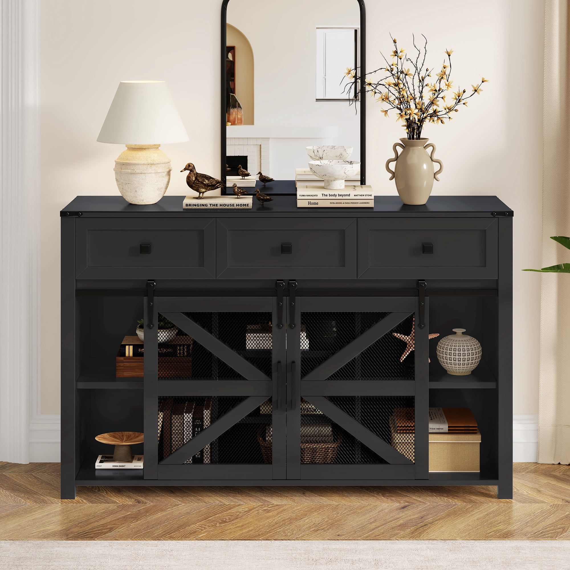 Euroco 55" Sideboard Buffet Cabinet with Sliding Barn Door, Farmhouse Storage Cabinet with 3 Drawers,Adjustable Shelves, Aluminum Handles & Metal Mesh, Wood Coffee Bar Table for Kitchen,Black