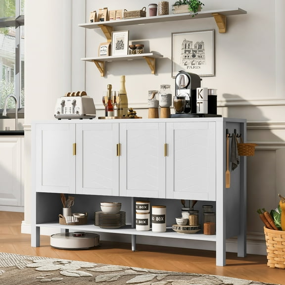 Euroco 55" Sideboard Buffet Cabinet with Storage, Modern Large Credenza with Open Shelf,2-Tiers Adjustable Shelves and Double Hooks,Kitchen Coffee Bar Console Table for Living Room, Hallway,White