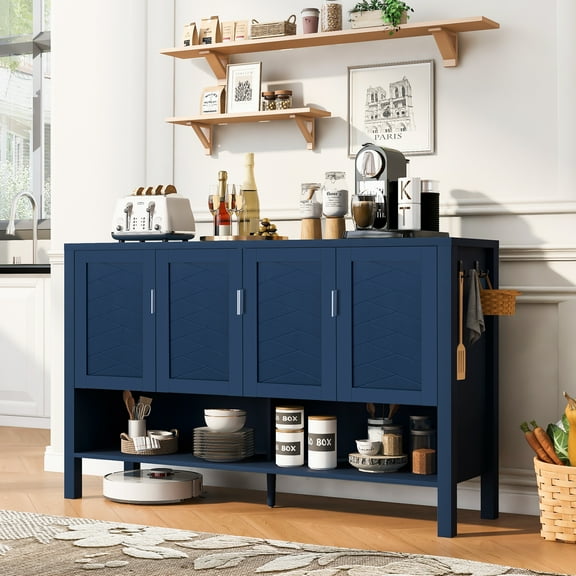 Euroco 55" Sideboard Buffet Cabinet with Storage, Modern Large Credenza with Open Shelf,2-Tiers Adjustable Shelves and Double Hooks,Kitchen Coffee Bar Console Table for Living Room, Hallway,Navy