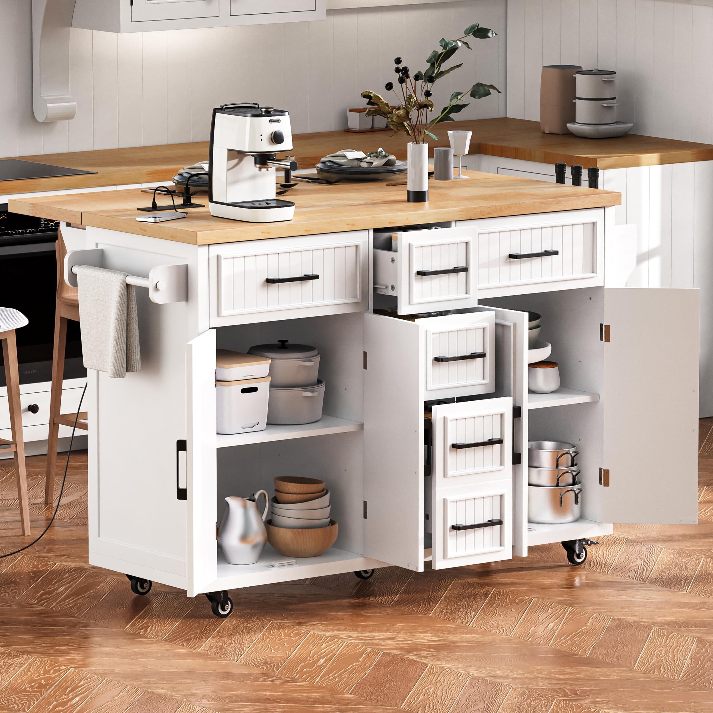 Euroco 56.5'' Kitchen Island with Drop Leaf, Power Outlet, Embossed Vertical Stripe Rolling Kitchen Cart on Wheels with 4 Doors