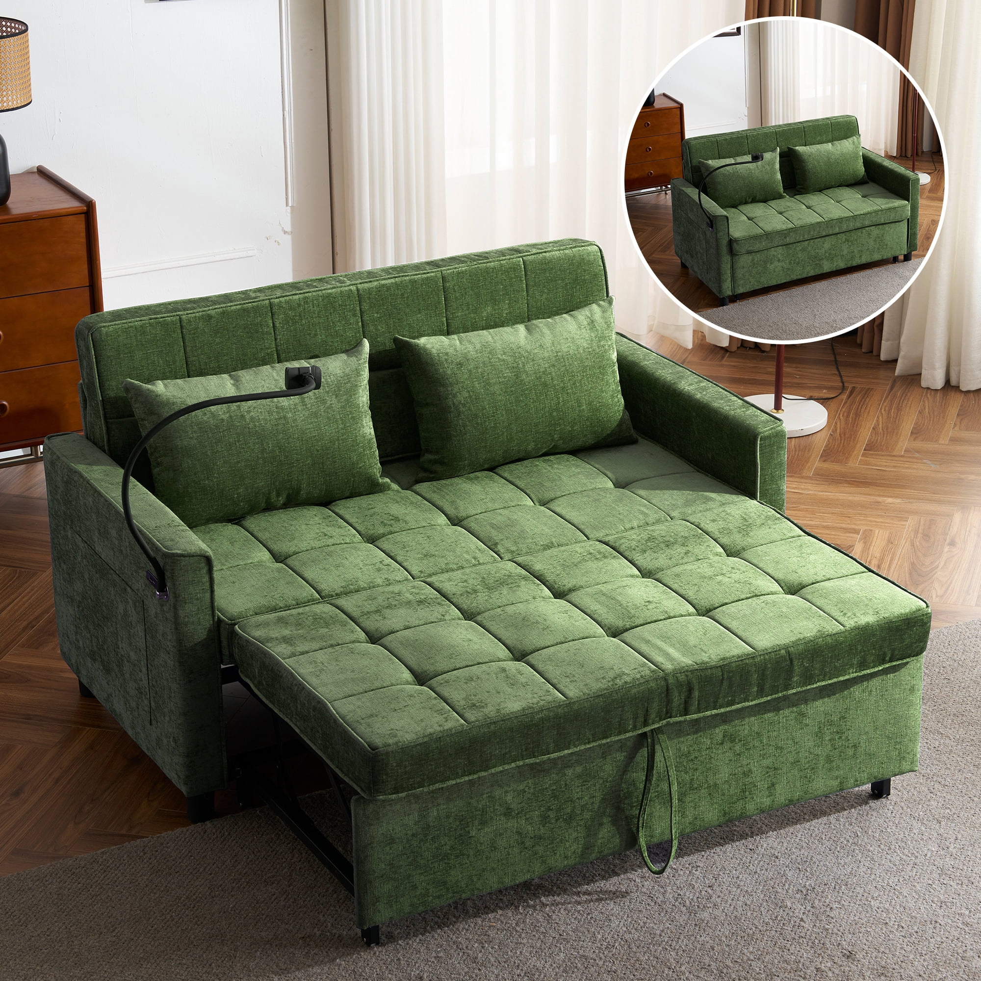 Euroco 56.9" Loveseat Sofa Pull-out Sofa Bed Sleeper Sofa with a Reversible Backrest Cushion, Side Pockets, Two USB Ports and a Phone Holder for Living Room, Green