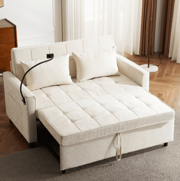 Euroco 56.9" Loveseat Sofa Pull-out Sofa Bed Sleeper Sofa with a Reversible Backrest Cushion, Side Pockets, Two USB Ports and a Phone Holder for Living Room