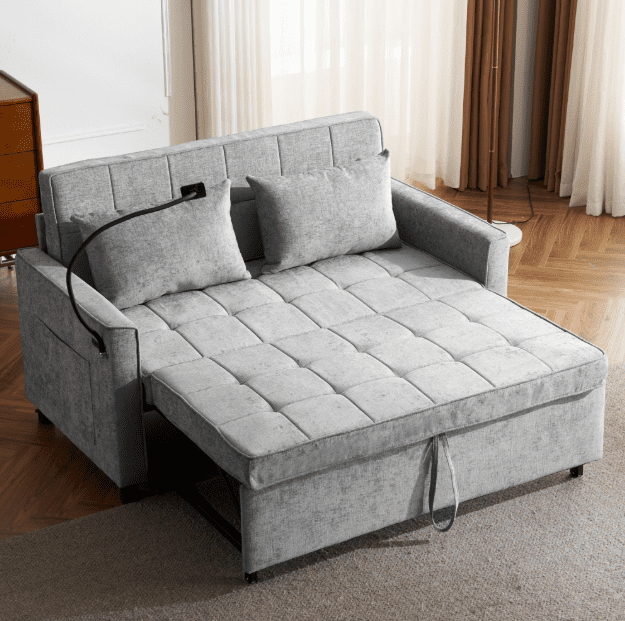 Euroco 56.9" Loveseat Sofa Pull-out Sofa Bed Sleeper Sofa with a Reversible Backrest Cushion, Side Pockets, Two USB Ports and a Phone Holder for Living Room